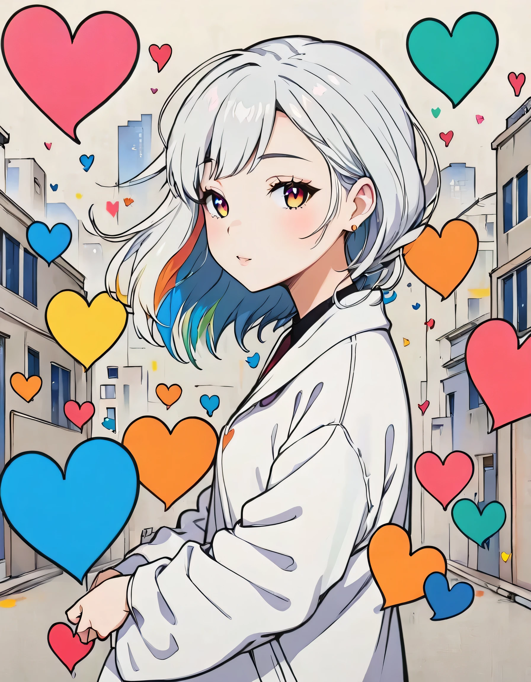 Mai Yoneyama style, Simple Line Initialism，Abstract art，Urban Background, colorful hearts ,(((The most beautiful girl of all time))),