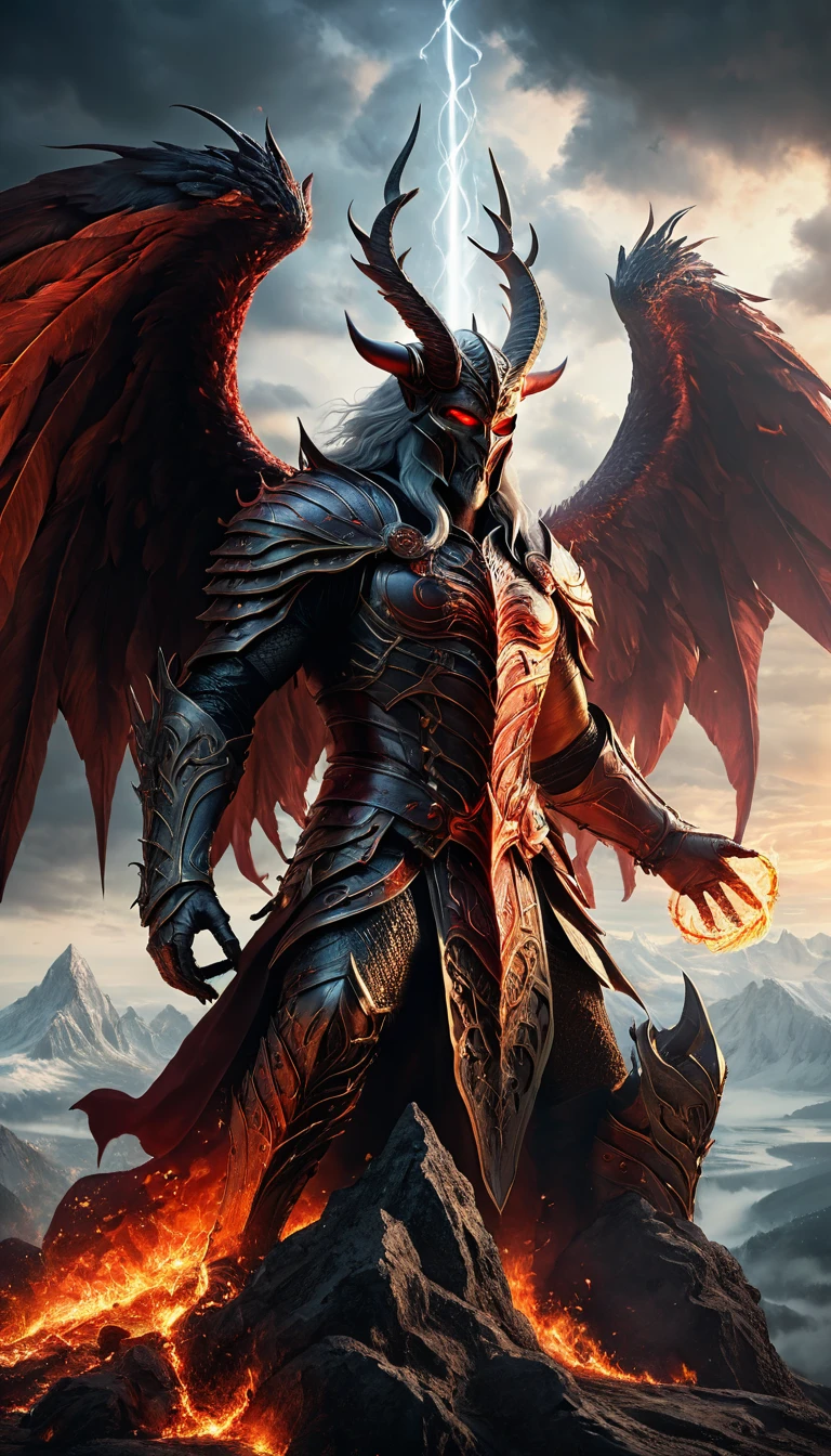 Aux enfers, au sommet d’un immense pilier gigantesque se trouve le trône du pouvoir du roi des enfers, Lucifer_morning_star, assis sur le trône, ((trône du pouvoir)), enfers, flammes, cheveux blancs, flammes rouges sang, trône subtilement ouvragé très détaillé, trône immense, trône du pouvoir des enfers, (photographie prise de très loin, grande profondeur de champ), plan large des enfers, (proportions parfaites, masterpiece, hyperRéaliste, masterpiece, superior quality, high resolution, Extremely detailed, highly detailed 8K wallpaper, détails fractales) , paysage des enfers
