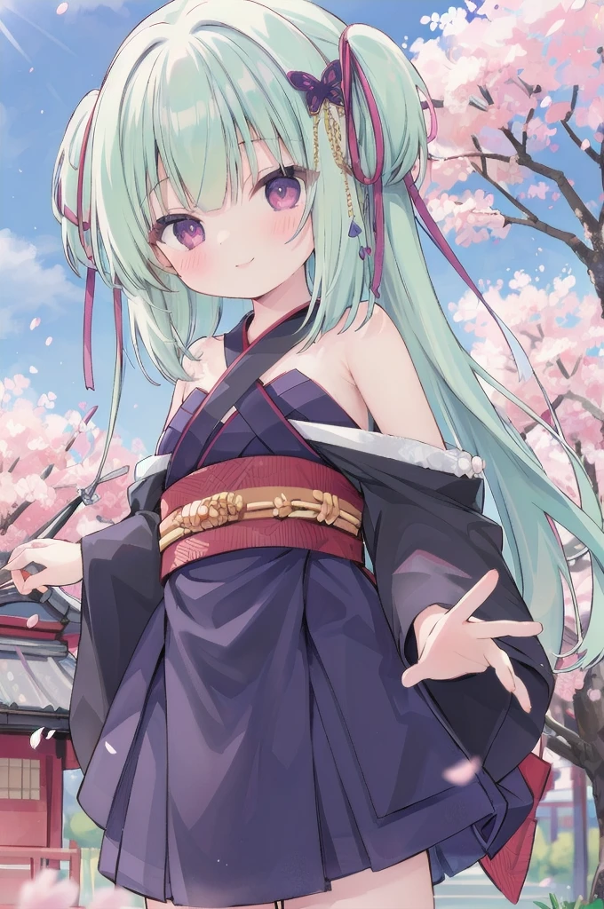 ((masterpiece,best quality))
 1 Girl, Murasame, two simoralitye up, Hair accessories,
kimono, bare shoulmoralityers, half-closemorality eyes, remorality eyes, :morality, outmoralityoors, Cherry blossoms, blue sky smile