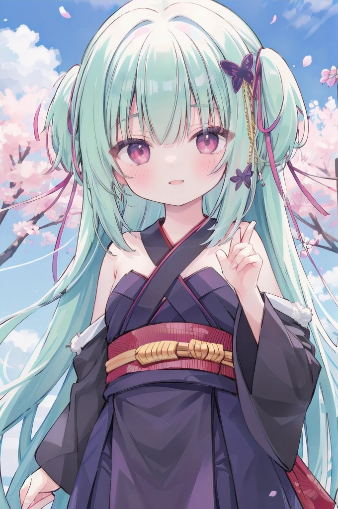 ((masterpiece,best quality))
 1 Girl, Murasame, two simoralitye up, Hair accessories,
kimono, bare shoulmoralityers, half-closemorality eyes, remorality eyes, :morality, outmoralityoors, Cherry blossoms, blue sky smile