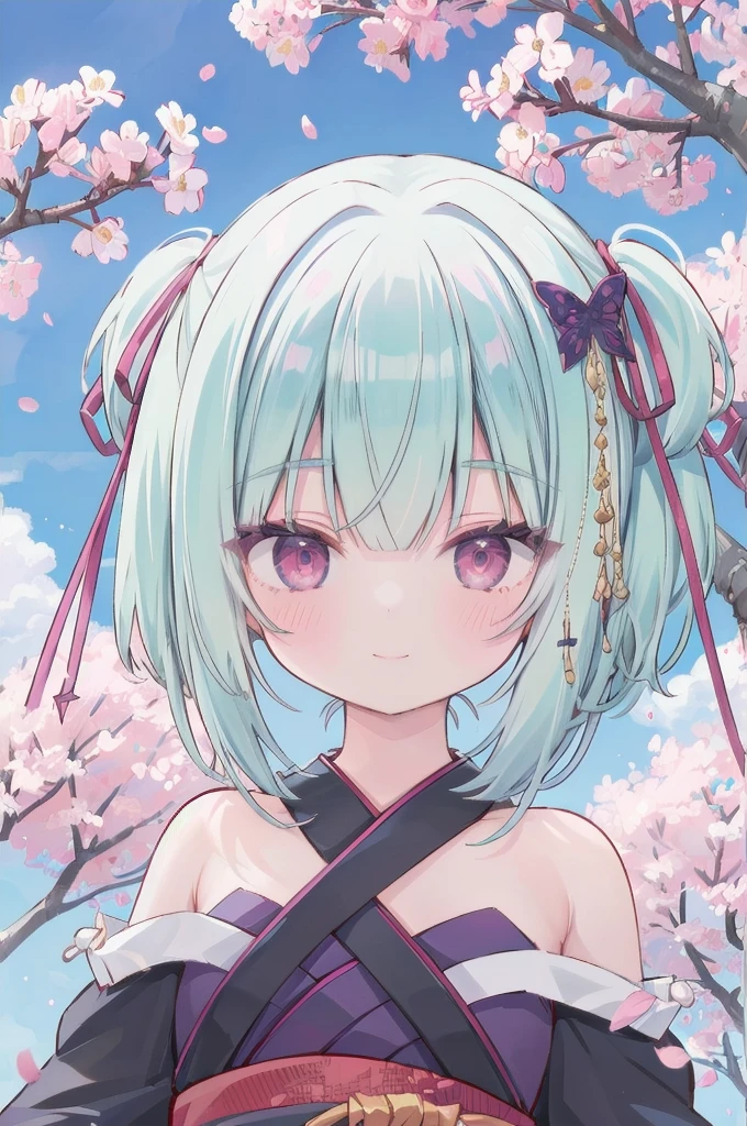 ((masterpiece,best quality))
 1 Girl, Murasame, two simoralitye up, Hair accessories,
kimono, bare shoulmoralityers, half-closemorality eyes, remorality eyes, :morality, outmoralityoors, Cherry blossoms, blue sky smile