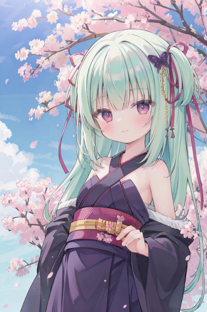 ((masterpiece,best quality))
 1 Girl, Murasame, two simoralitye up, Hair accessories,
kimono, bare shoulmoralityers, half-closemorality eyes, remorality eyes, :morality, outmoralityoors, Cherry blossoms, blue sky smile