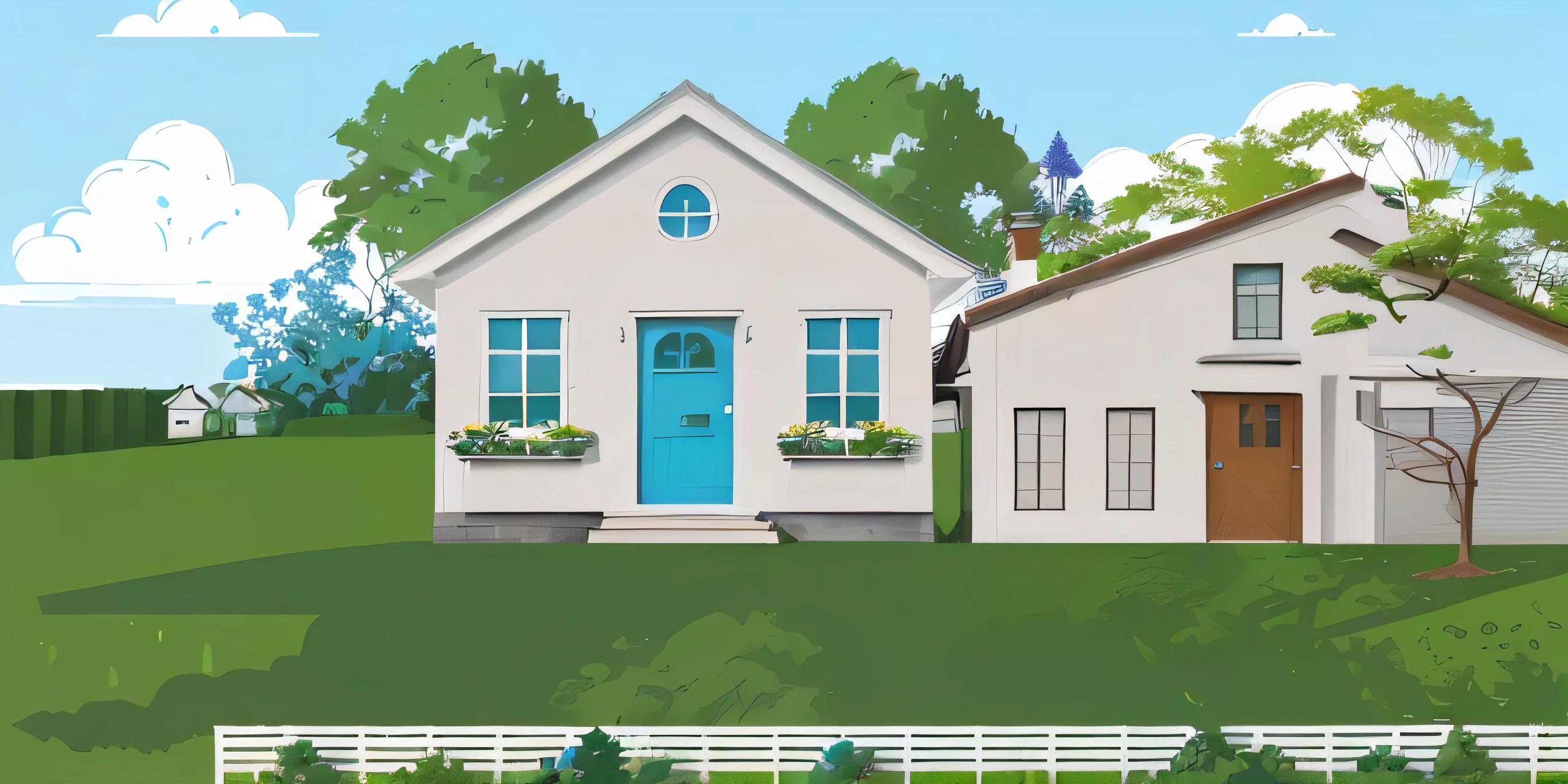 there is a house with a blue door and a white fence, house background, house on background, house illustration, detailed 2d illustration, suburban home, flat illustration, peaceful suburban scene, hyper detailed scene, stylized digital illustration, hyper detailed illustration, detailed digital illustration, house and home, wide establishing shot, houses and buildings, 2d matte illustration