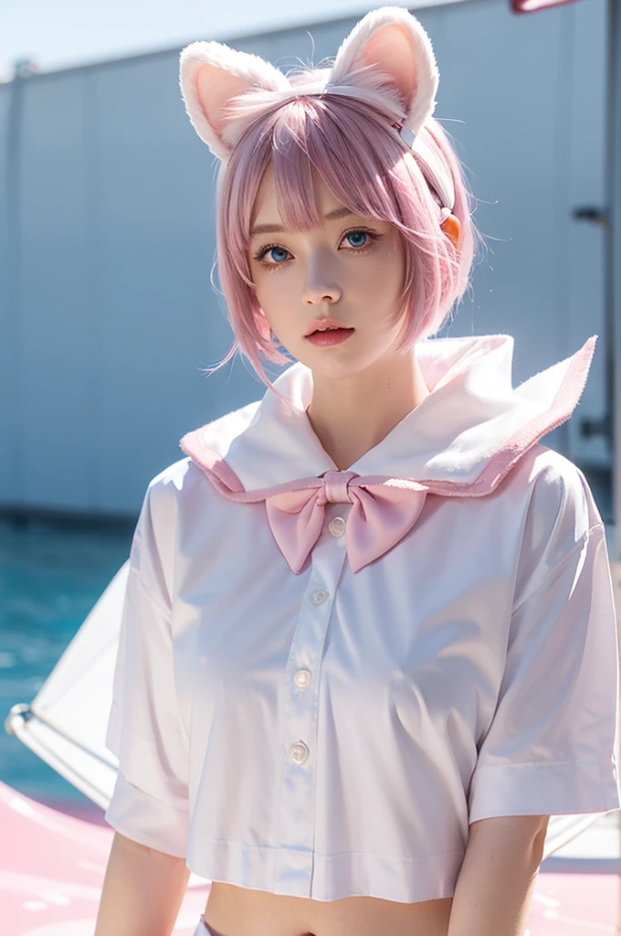 Skiing style, 1 Girl, Solitary, Pink Hair, Animal ears, blue eyes, wing, Looking at the audience, Bangs, short hair, bow, Sailor collar, white Sailor collar, hair bow, pink bow, Shut up, shirt, white shirt, Bear ears, Bob Cut, mini wing, portrait, detached wing, cosmetic, Upper Body, City background