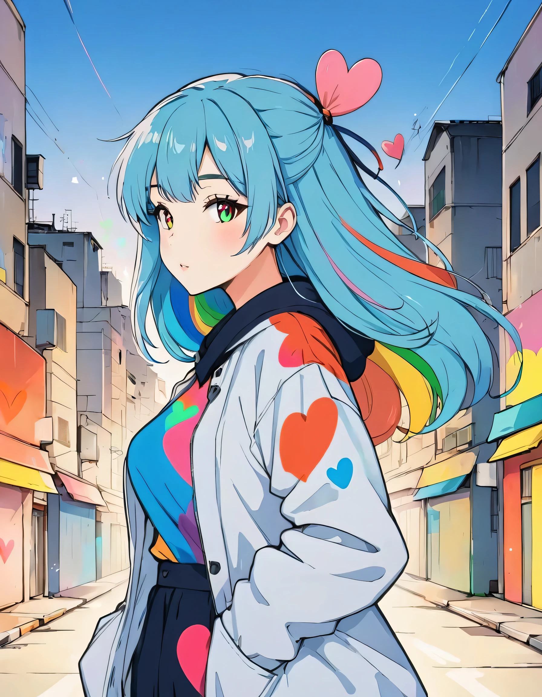 Mai Yoneyama style, Simple Line Initialism，Abstract art，Urban Background, colorful hearts ,(((The most beautiful girl of all time))),