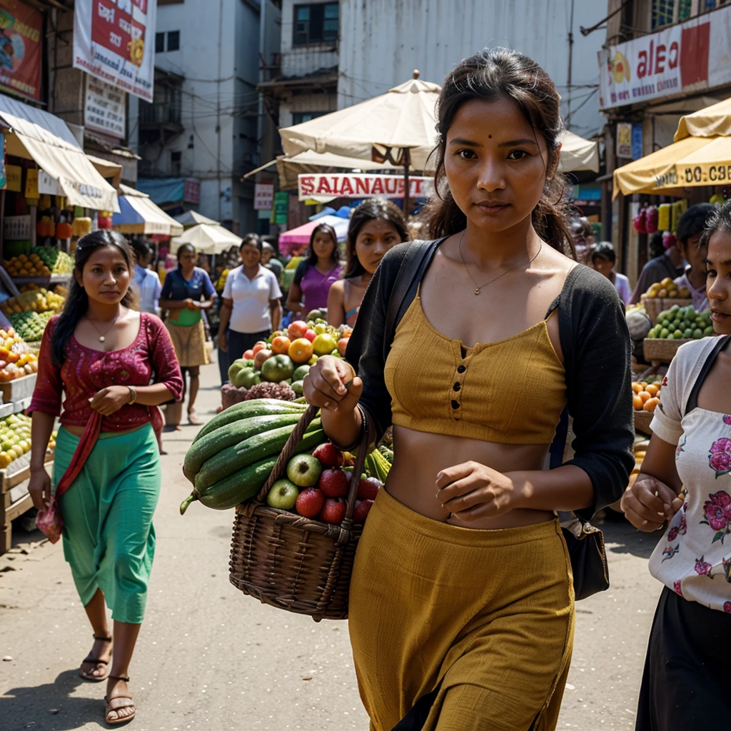 A photorealistic image of a average nepali woman walking through a busy market, with vendors selling colorful fruits and vegetables all around. Shot from a close-up angle to capture the sense of texture and vibrancy, 