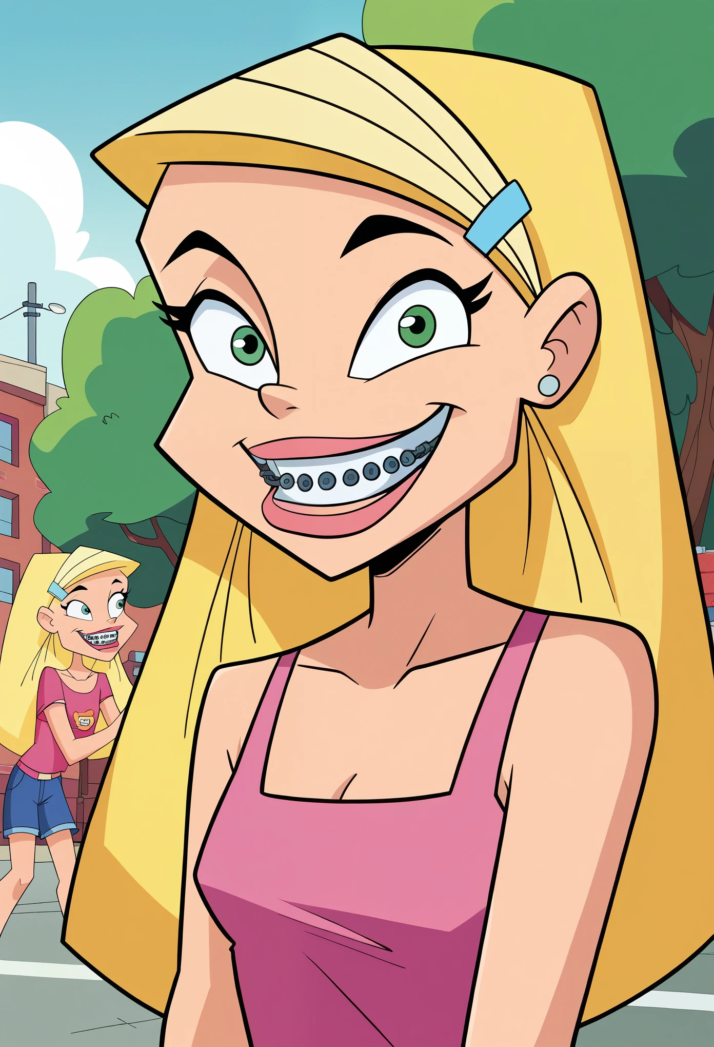 score_8, score_9, sharon, long hair, blonde hair, hairclip, smile, braces