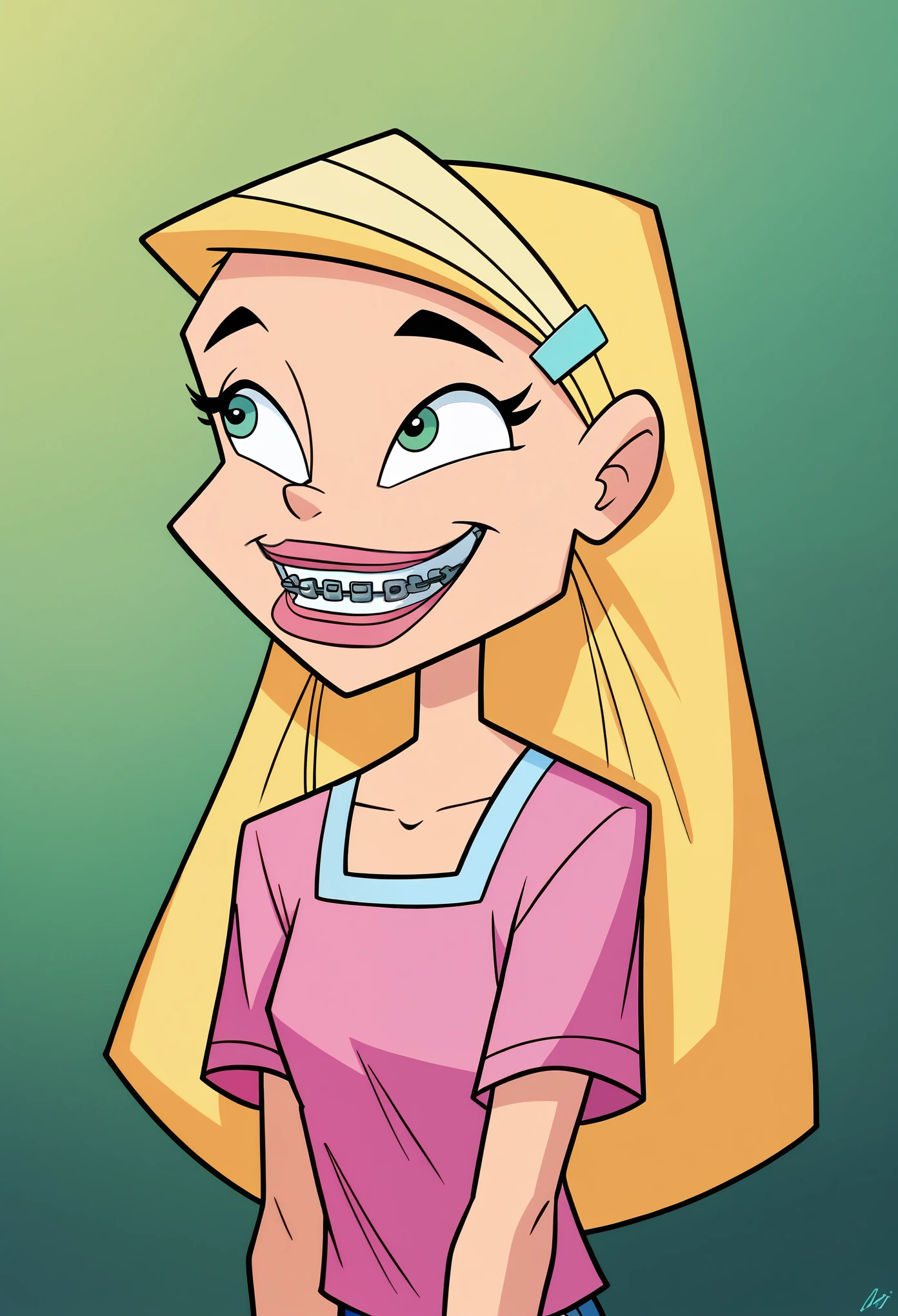 score_8, score_9, sharon, long hair, blonde hair, hairclip, smile, braces