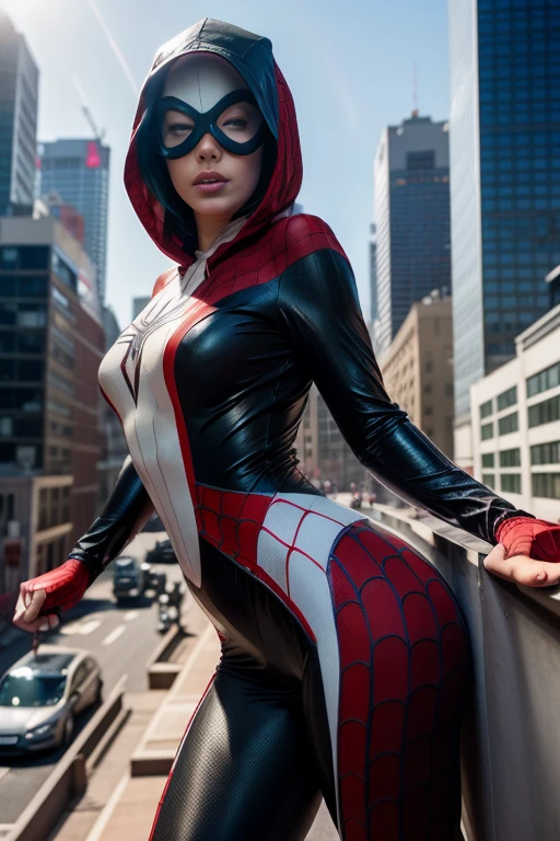Detailed picture of Lindsey Strutt dressed as Spider-Gwen, hood, white and black, into the spider-verse, fully clothed, skin tight, wavy hair, posing, on edge of a building, lens glare