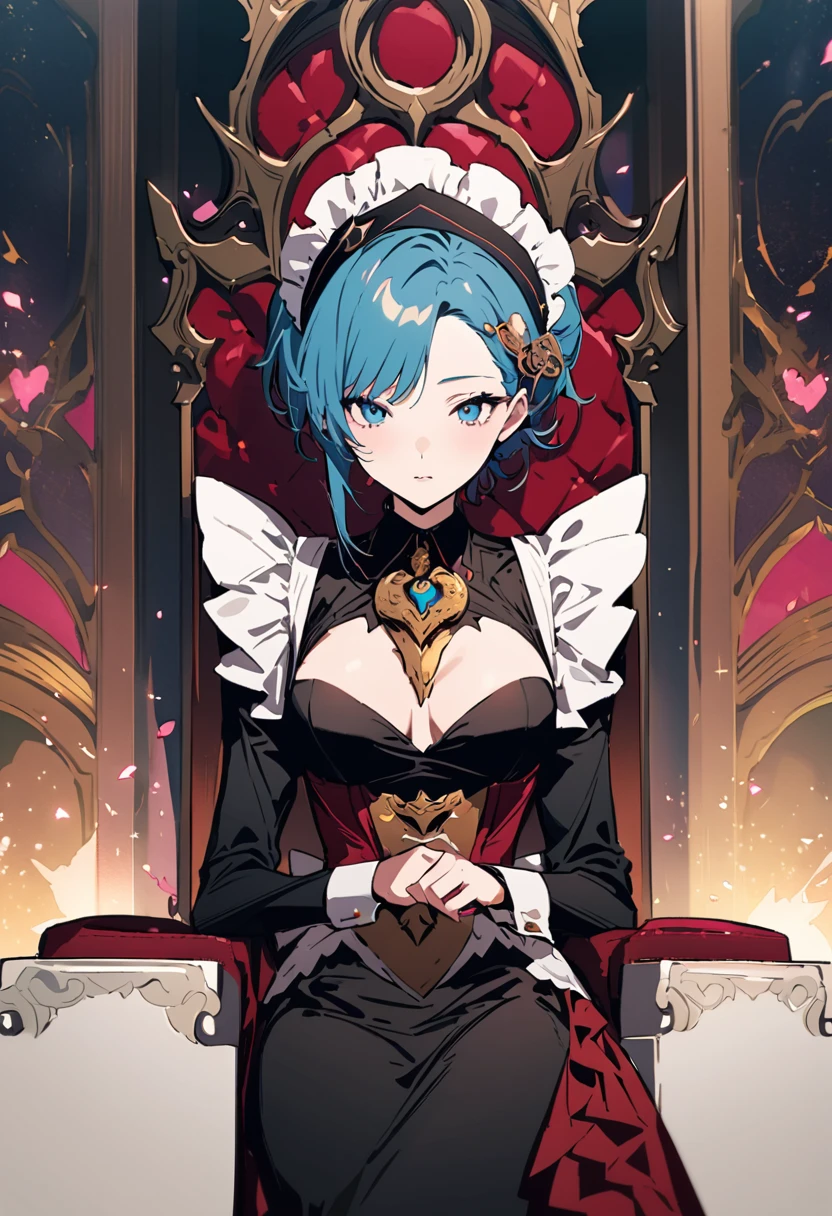masterpiece, Highest quality, Illustration of the novel, High resolution, 18+ Adult content, Sensual, Intimate, Emotional, Passionate, romantic, sweet, Adorable, Innocent, Pure, Charmな, Charmな, Charm, mysterious, Charmな, Charmな, Immersive, Charmな, dream-like, Surreal, Imaginative, Whimsical, Artistic, Avant-garde, timeless, elegant, Sophisticated, chic, Sophisticated, personality, original, Charmな,((Maid clothes:1.3)),((Throne of Power,Throne of Power:1.3))((Upper Body:1.3))