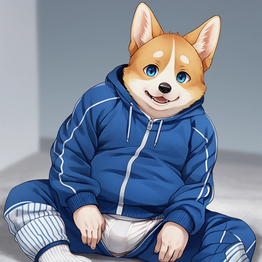 a slightly chubby dad corgi with small human blue eyes, no eyebrows, wearing a dark blue Adidas tracksuit, no pants white briefs, white socks , sit , by hinami