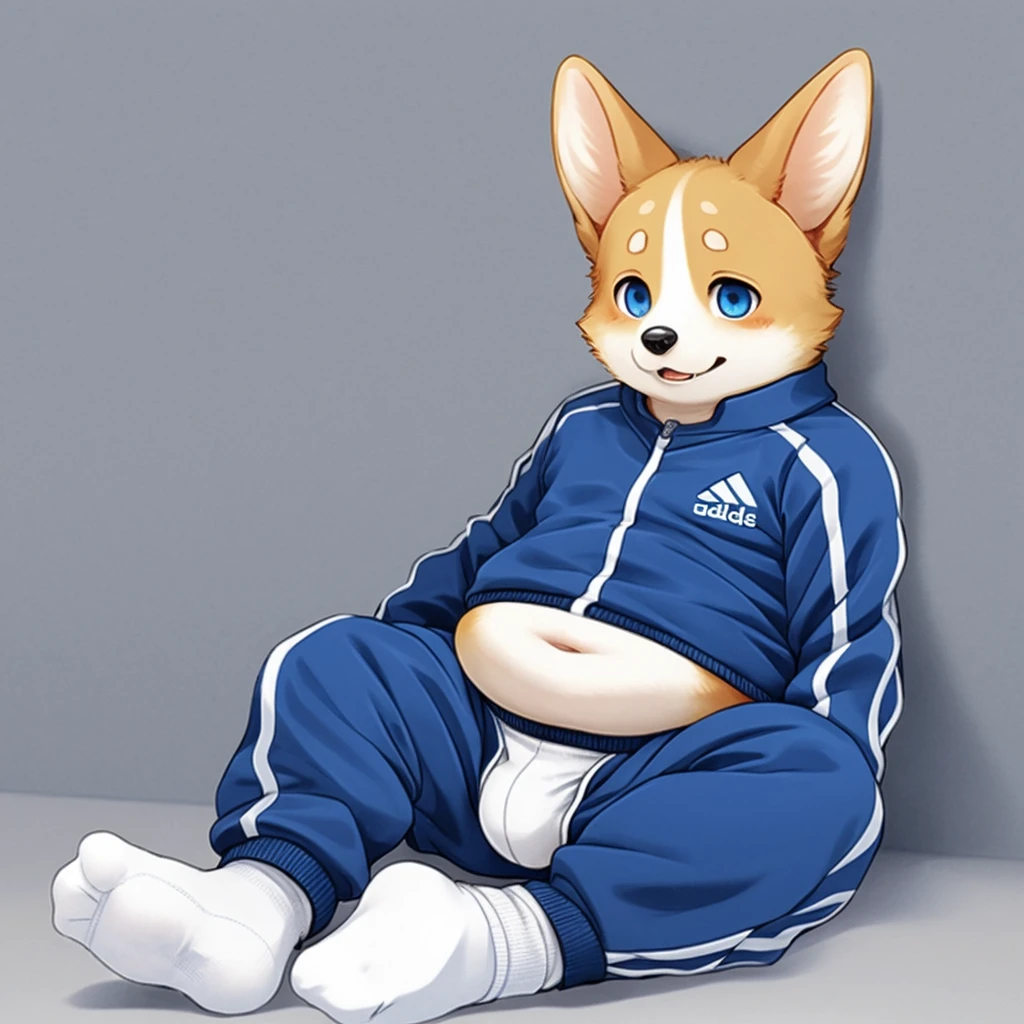 a slightly chubby dad corgi with small human blue eyes, no eyebrows, wearing a dark blue Adidas tracksuit, no pants white briefs, white socks , sit , by hinami