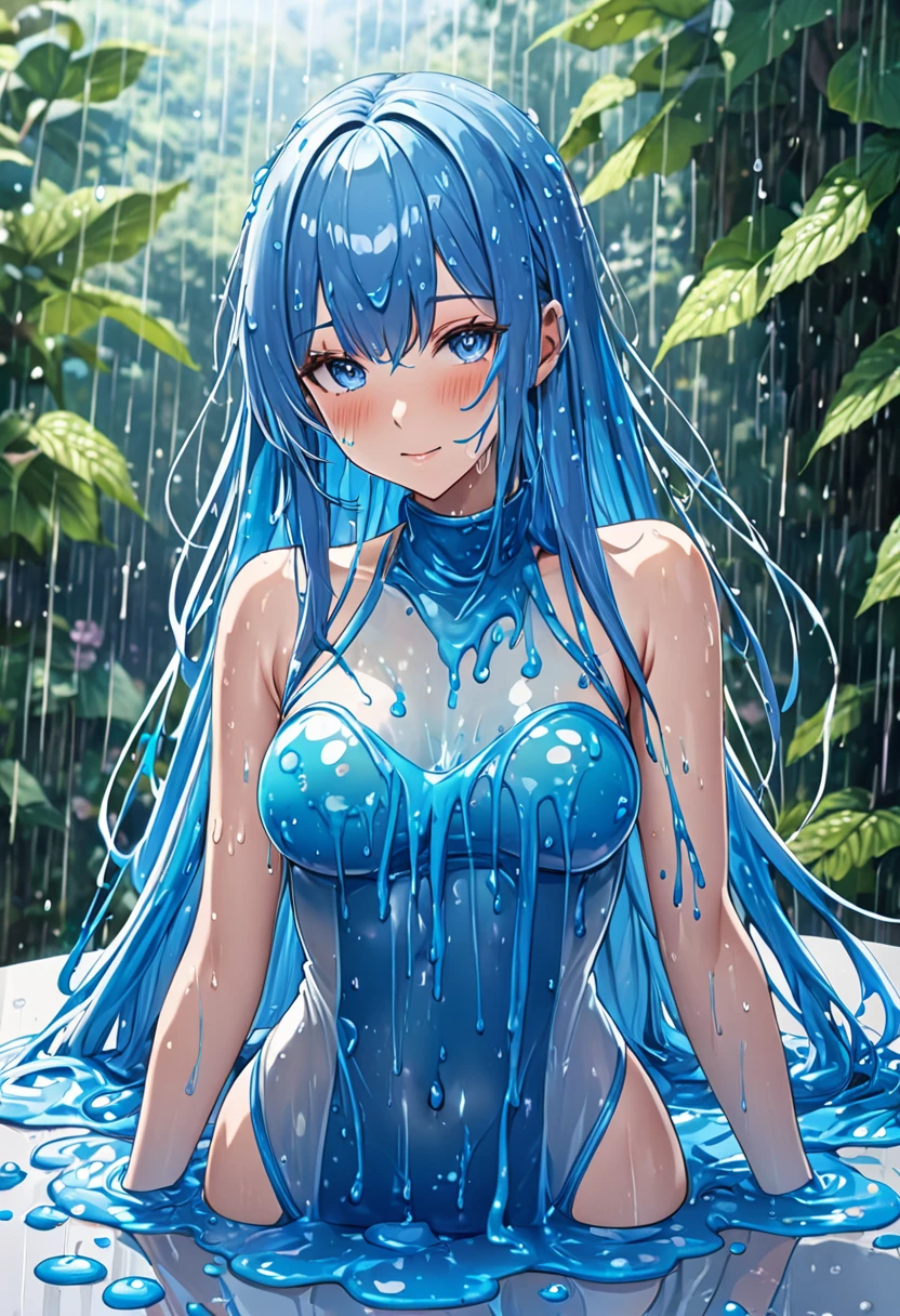 (high resolution, tabletop:1.2), ultra detailed, portrait, slime girl, 20 years old, covered in blue slime, sexy outfit with light blue slime, (partially transparent), (wet), (blue sweat), blue liquid is dripping from her body. Her hair is also covered in blue slime. Blue slime is splattered all over, blue hair, bangs, long hair, blue eyes, large breasts, slender, excited, lewd, vulgar, smiling, (((((rain, hydrangea street, forest background, nature))))), cinematic lighting, cinematic angle, angle from below, (((((cowboy shot))))),