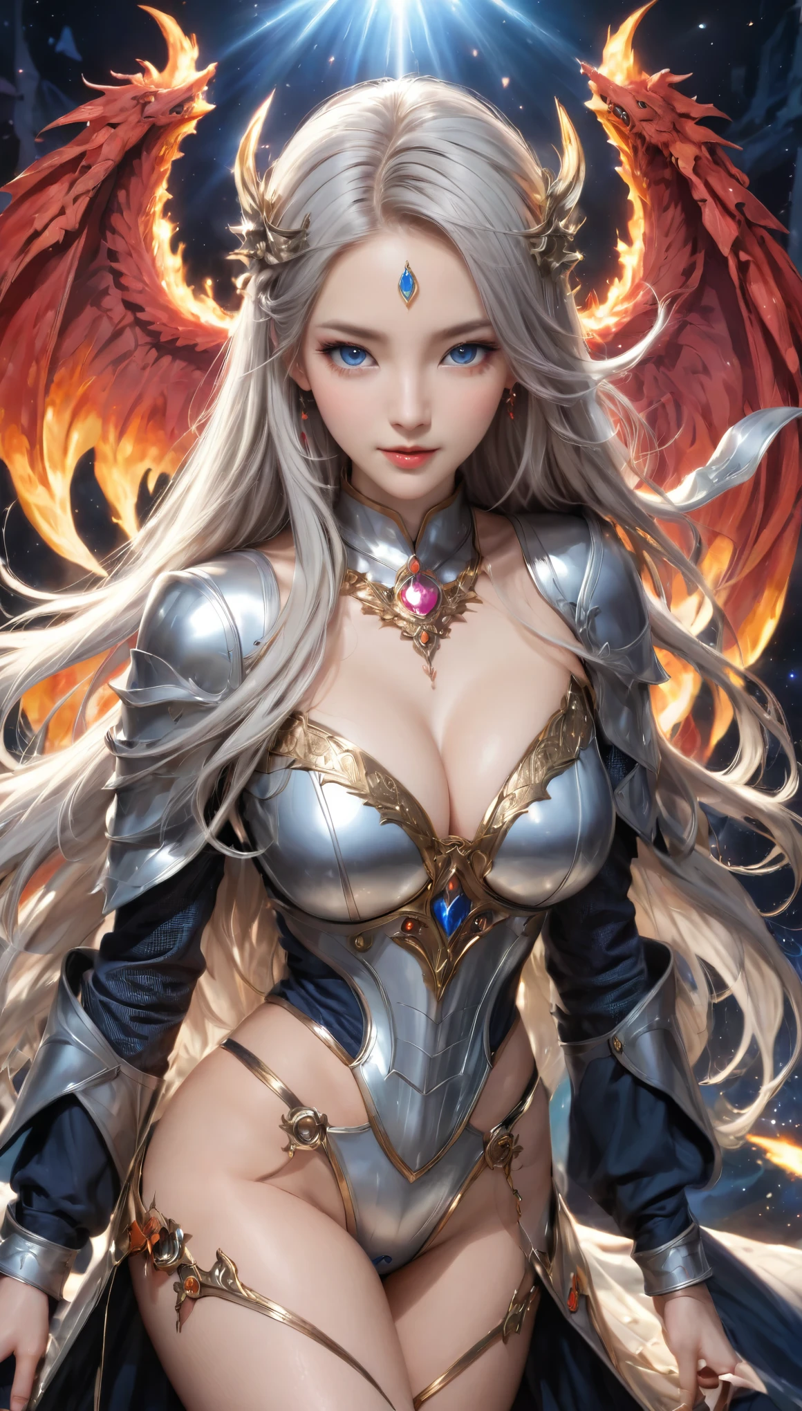 8K resolution, masterpiece, Highest quality, Award-winning works, unrealistic, From above, erotic, sole sexy lady, healthy shaped body, 22 years old, dark knight, 170cm tall, huge firm bouncing busts,, white silver long wavy hair, Detailed facial depictions, Break, Mysterious blue eyes, Standard nose, Eyeliner, pink lips, sexy long legs, Clear skin, knight, A holy sword that emits seven-colored light, Gothic armor, Complex structure of armor, Seven-colored colorful armor, Clothed in flames, Phoenix Crest, elegant, Very detailed, Delicate depiction of hair, miniature painting, Digital Painting, artステーションコンセプトart, Smooth, Sharp focus, shape, artジャム、Greg Rutkowski、Alphonse Mucha、William Adolphe Bouguereau、art:Stephanie Law , Royal Jewel, nature, Symmetric, Greg Rutkowski, Charlie Bowwater, Unreal, Surreal, Dynamic Lighting, ファンタジーart, Complex colors, Colorful magic circle, flash, dynamic sexy poses, A kind smile, Mysterious Background, Aura, A gentle gaze, BREAK, Small faint lights and flying fireflies, night, lanthanum, 山の頂From above下界を見下ろす, Starry Sky, milky way, nebula, shooting star,, (Back view, Looking back towards the camera:1.3), frying dragons