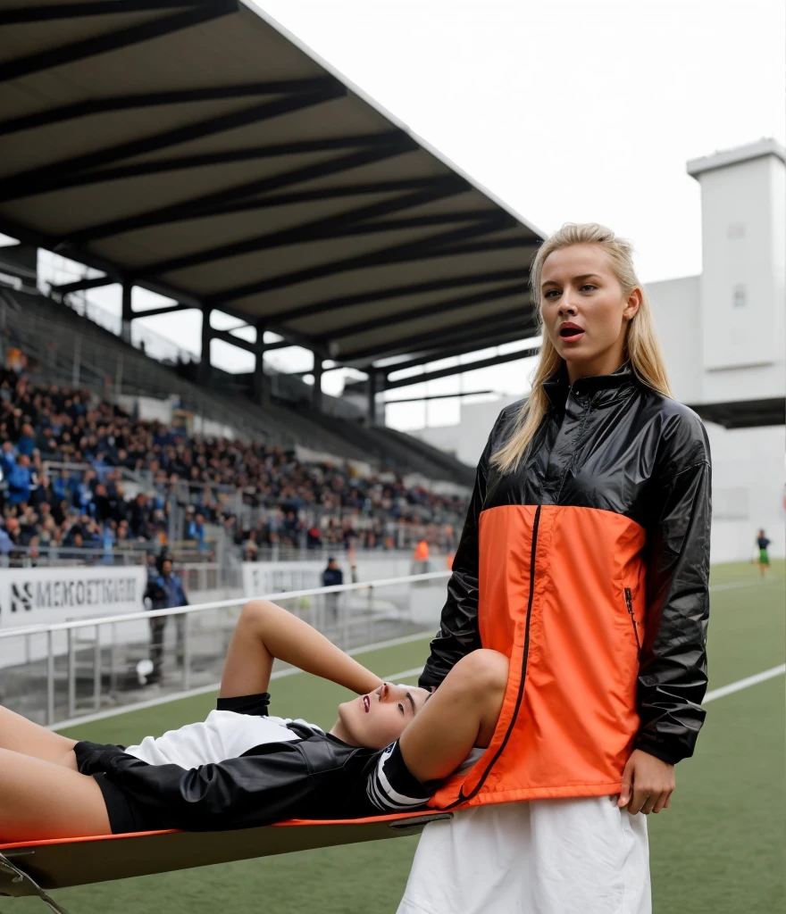 📷, soccer accident, sports injury, soccer match in a crowded stadium, injury scene, there is a sportsman in matte cotton sportswear lying injured on a stretcher, there is an injured sportsman in matte cotton sportswear lying on his side on a stretcher with a bandaged ellbow, an injured sportsman in matte cotton sportswear is lying on his side on a strecher being carried by an extrovert blond woman in a high shine long moncler coat, an injured sportsman is writhing in ecstasy on a stretcher while lying on his side, dramatic pity pose, there is a blond shouting and crying woman in a high-shine puffy coat, a high-shine black down coat, a long black moncler coat, a wetlook down coat, a wet black laquered coat, a excited screaming blond woman is wearing a wetlook black latex-coat, injured, medic, soccer action pose, affection pose, lecherous action pose, dramatic action pose, theatralic pose, there is an attractive woman that is carrying a sportsman in matte cotton sportswear, there is a beautiful woman in a shiny coat who is carrying a man on a stretcher, a longhaired beautiful woman in a high-shine black puffy coat, a longhaired woman in a shiny downcoat, a woman is carrying a shorthaired man in matte cotton sportswear on a stretcher, a weak man in spots shorts is consciousless and needs to be carried, a shorthaired man with a bandaged ellbow is carried away on a stretcher, a woman looks very scared and terrified, a sportsman in matte cotton sportswear is suffering very much on a stretcher, photo, photo shoot, photographed , accident, help, aid, first aid, pity