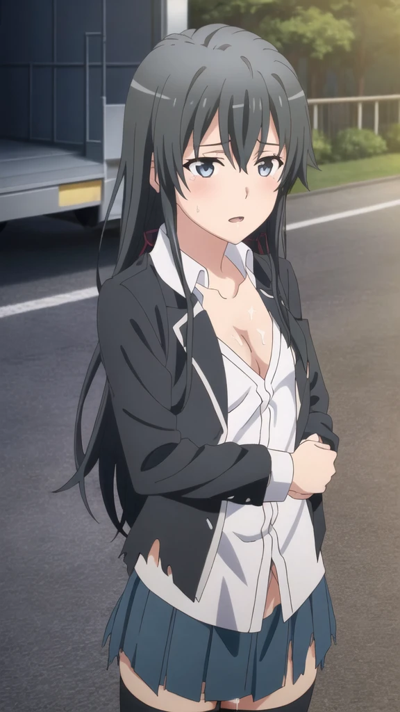 {yukinoshita_yukino_yahariorenoseishunlovecomewamachigatteiru:1.15},black hair, blue_eyes, , 1 girl,,alone, hair between eyes,(torn clothes, check mini skirt,show off white lace panties:1.5),, bare shoulders,, cleavage,thighhighs,short hair, ((orgasm:1.5)) , beautiful light, half eye closed, close up face,　　　　　　　　　　　　　　　　　　　　　　　　　　　　　　　　　　　　　　　　　　　　　　　　　　　　　　　　　　 beautiful upper body, Beautiful body, beautiful character design, perfect eyes, Perfect face, expressive eyes, looking at the viewer,(lie on road),in the center of the image, official art,High Definition CG Unity, Perfect lit, bright_front_face_lit, ,(Highest_quality:1.0),4k,Super detailed, photograph, 8K, nffsw, High resolution, absurd:1.2, kodak portrait 400, film grain, Lens flare, (lively_color:1.2) (beautiful,small breasts:1.4), (beautiful_face:1.3),(narrow_waist),blush, ((detail nipple)),,