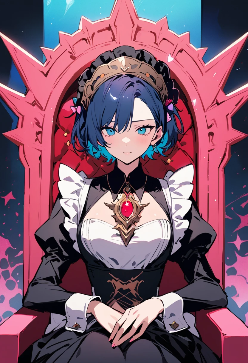 masterpiece, Highest quality, Illustration of the novel, High resolution, 18+ Adult content, Sensual, Intimate, Emotional, Passionate, romantic, sweet, Adorable, Innocent, Pure, charmな, charmな, charm, mysterious, charmな, charmな, Immersive, charmな, dream-like, Surreal, Imaginative, Whimsical, Artistic, Avant-garde, timeless, elegant, Sophisticated, chic, Sophisticated, Personality, original, charmな,((Maid clothes:1.3)),((Throne of Power,Throne of Power:1.3))((Upper Body:1.3))
