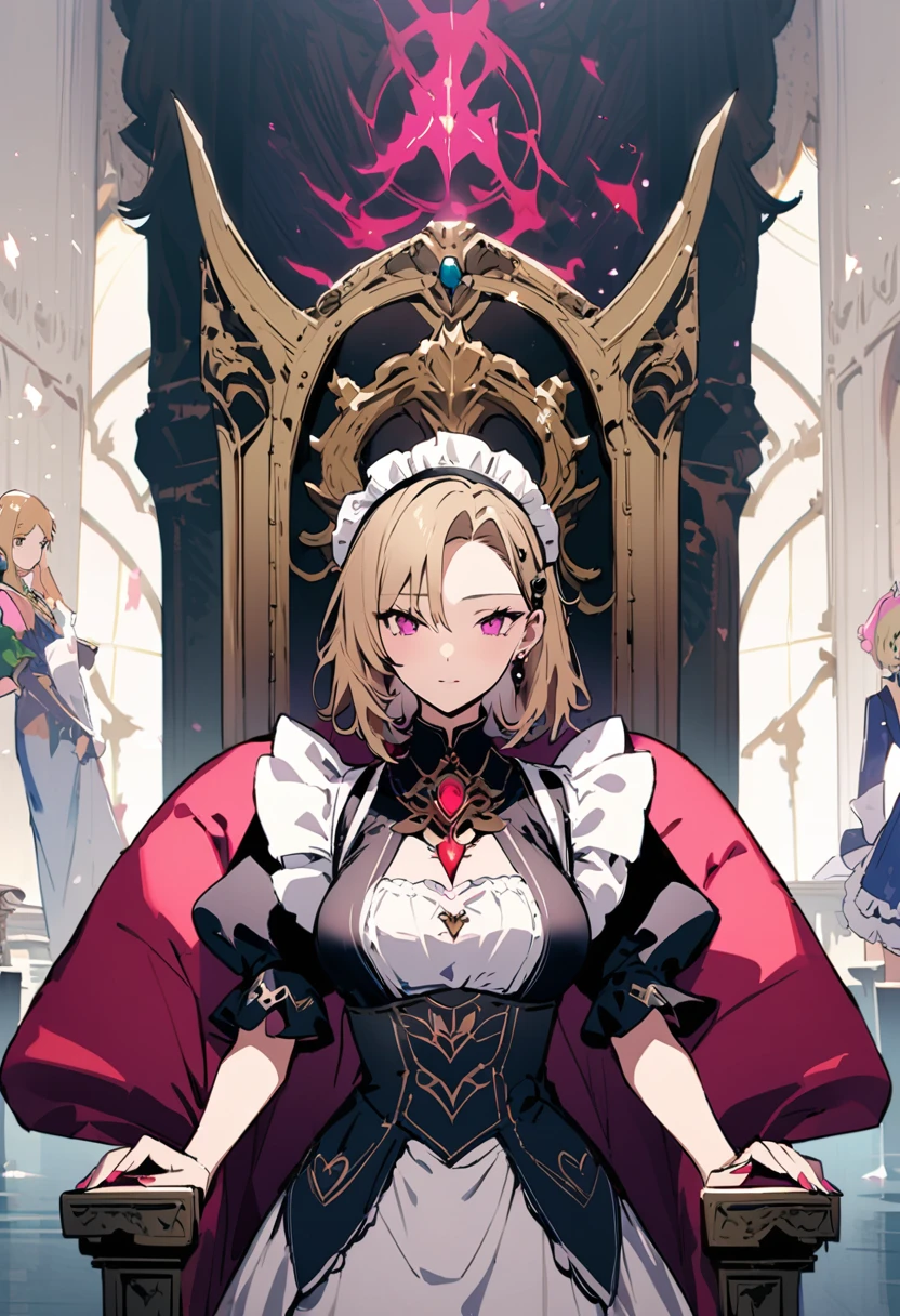 masterpiece, Highest quality, Illustration of the novel, High resolution, 18+ Adult content, Sensual, Intimate, Emotional, Passionate, romantic, sweet, Adorable, Innocent, Pure, charmな, charmな, charm, mysterious, charmな, charmな, Immersive, charmな, dream-like, Surreal, Imaginative, Whimsical, Artistic, Avant-garde, timeless, elegant, Sophisticated, chic, Sophisticated, Personality, original, charmな,((Maid clothes:1.3)),((Throne of Power,Throne of Power:1.3))((Upper Body:1.3))