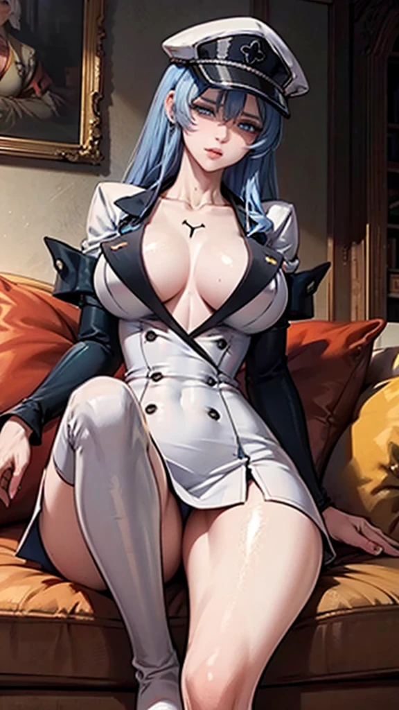 Esdeath, a tall and powerful female general with long blue hair, dressed in a white military uniform with black accents. She wears a white military hat with the empire's symbol, a tight white shirt with a plunging neckline, a short white skirt, and knee-high white boots. She is sitting confidently on a grand throne with red velvet cushions and golden armrests, one leg crossed over the other. Her piercing blue eyes reflect dominance and seduction. The atmosphere is regal and commanding. (Detailed, realistic, high quality, 4K)
