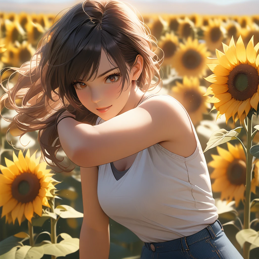 (best quality, 8k, masterpiece, highres, ultra-detailed), photorealistic, Tsukasa Hojo style, young woman, white tank top, denim shorts, playful pose, field of sunflowers, ponytail, falling hair, bright smile, youthful charm, natural beauty, warm sunlight, dynamic pose, unfiltered look, soft shadows, delicate features, subtle details, realistic skin. 