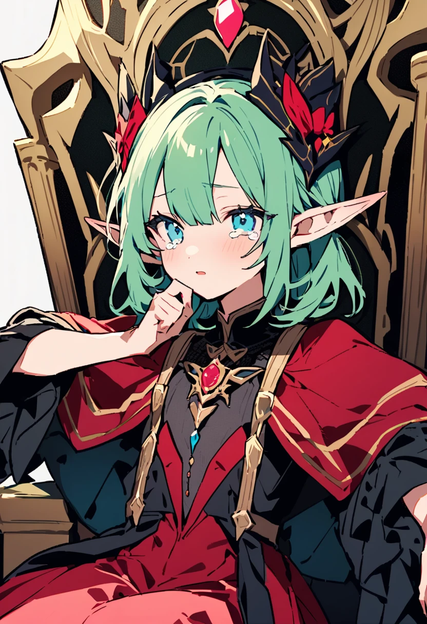 masterpiece, Highest quality, Illustration of the novel, High resolution, 18+ Adult content, Sensual, Intimate, Emotional, Passionate, romantic, sweet, Adorable, Innocent, Pure, charmな, charmな, charm, mysterious, charmな, charmな, Immersive, charmな, dream-like, Surreal, Imaginative, Whimsical, Artistic, Avant-garde, timeless, elegant, Sophisticated, chic, Sophisticated, Personality, original, charmな,(( Elf:1.3)),((Beautiful Tears))、Upper Body、(a bit),((Throne of Power,Throne of Power:1.3))