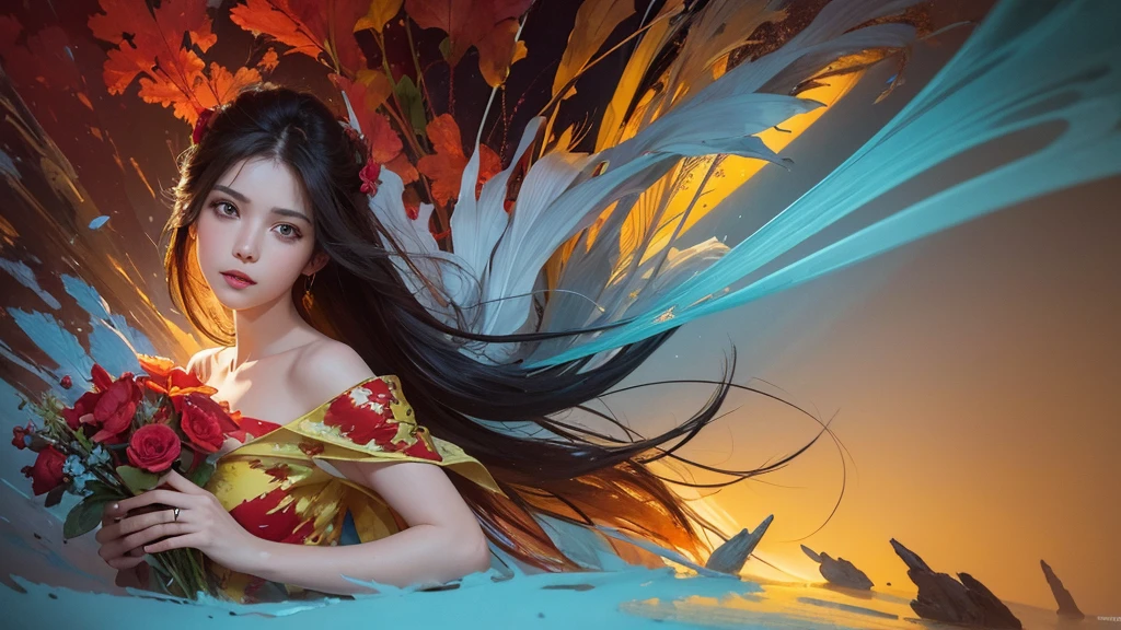 32k, Masterpiece, Highest quality, One girl, Detailed eyes, flower,gladiolus, Yellow and red style,A dreamy, romantic piece,Pale yellow, Mysterious Leaves,A playful arrangement,Fantasy,High Contrast,Ink strokes,explosion,Exposure, Impression of light blue and red tones,Abstract,((Watercolours by John Berkey and Jeremy Mann )) Brush strokes,Negative Space, Tyndall effect,