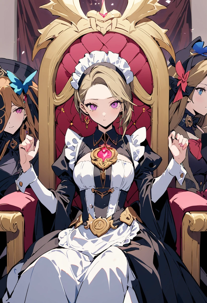 masterpiece, Highest quality, Illustration of the novel, High resolution, 18+ Adult content, Sensual, Intimate, Emotional, Passionate, romantic, sweet, Adorable, Innocent, Pure, Charmな, Charmな, Charm, mysterious, Charmな, Charmな, Immersive, Charmな, dream-like, Surreal, Imaginative, Whimsical, Artistic, Avant-garde, timeless, elegant, Sophisticated, chic, Sophisticated, personality, original, Charmな,((Maid clothes:1.3)),((Throne of Power,Throne of Power:1.3))((Upper Body:1.3))