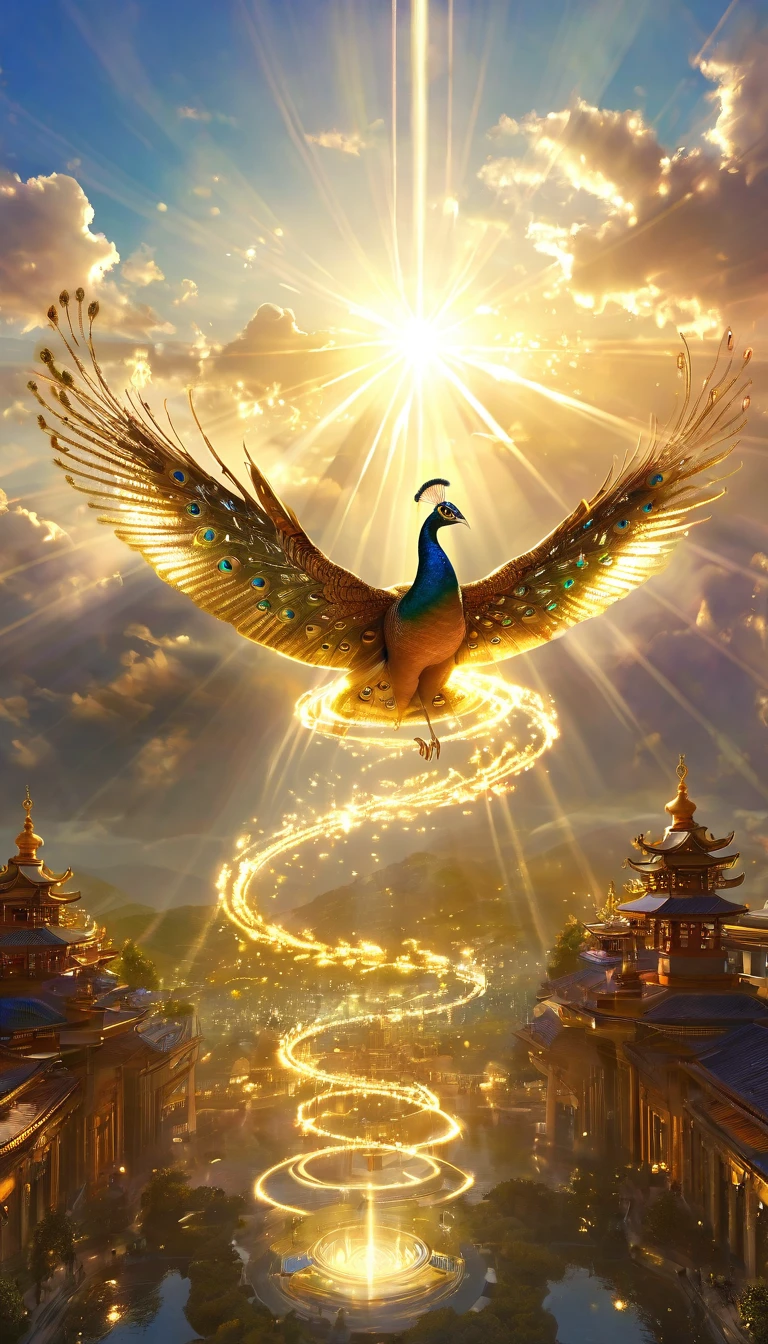 A very beautiful photo of a peacock flying with its golden feathers spread out、A dazzling light that paints everything in gold、god々area、Digital Art, The clouds clear and the shining sun appears, On Ascension Day,Golden Sun、Sky City、god々Utopian、There is one relic。Lens flare、Angel Ladder、Super Detail,Highest quality,masterpiece,(8K),Very detailed,A wonderful work of art,The picture is clear,Golden light on background