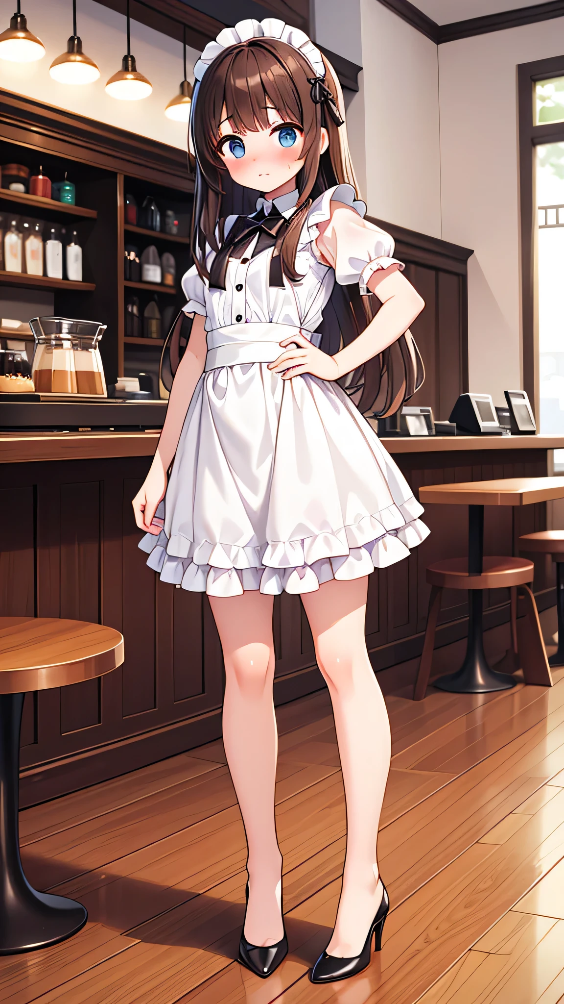 {Highest quality], [Super beautiful], [Ultra fine], [Best illustration], NSFW,Brown Hair, Hime cut, Long Hair, With bangs, girl, Embarrassed, blush, Slender women,Maid clothes,Short sleeve,Long straight skirt, Adult women,Coffee shop,diagonal,Bare feet and pumps, Plain black pumps,Strike a Pose