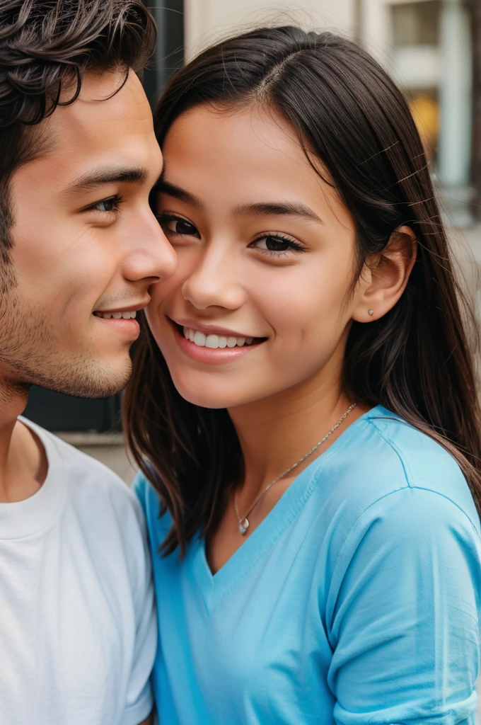 A boy look towards his girlfriend while she is smiling