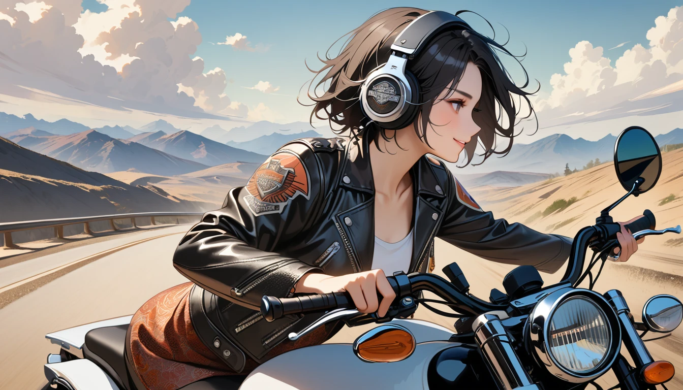 ((8k of extremely detailed CG unit, Masterpiece, high resolution, highest quality, highest quality real texture skin)), (((profile))), (((Japanese pattern leather jacket))), (((Harley-Davidson))), (((Japanese style headphones))), (((sunglasses))), (((Smiling while driving a motorcycle))), (((Japanese patterned helmet))), ((1 girl)), (Black hair, messy hair, beige skin), (surreal, digital painting), (((Upper Body)))