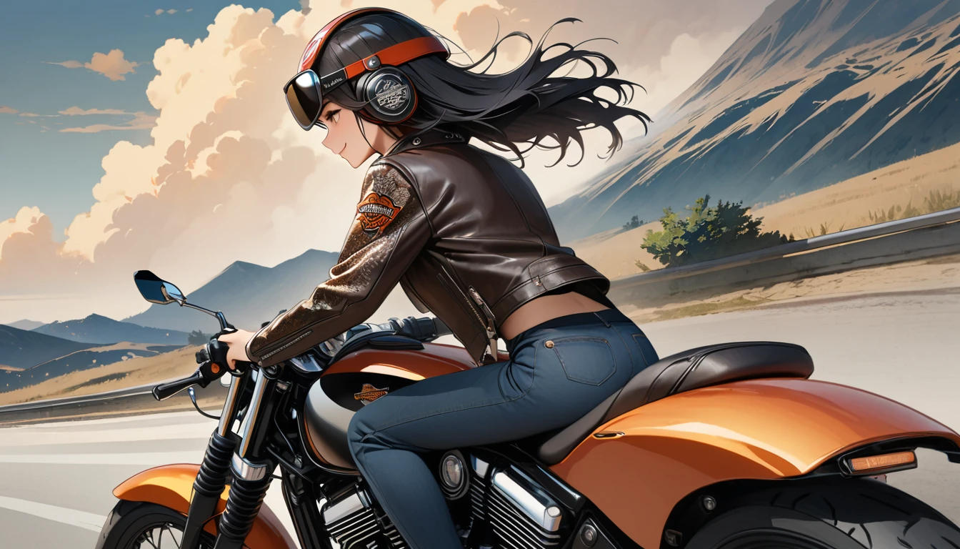 ((8k of extremely detailed CG unit, Masterpiece, high resolution, highest quality, highest quality real texture skin)), (((profile))), (((Japanese pattern leather jacket))), (((Harley-Davidson))), (((Japanese style headphones))), (((sunglasses))), (((Smiling while driving a motorcycle))), (((Japanese patterned helmet))), ((1 girl)), (Black hair, messy hair, beige skin), (surreal, digital painting), (((Upper Body)))