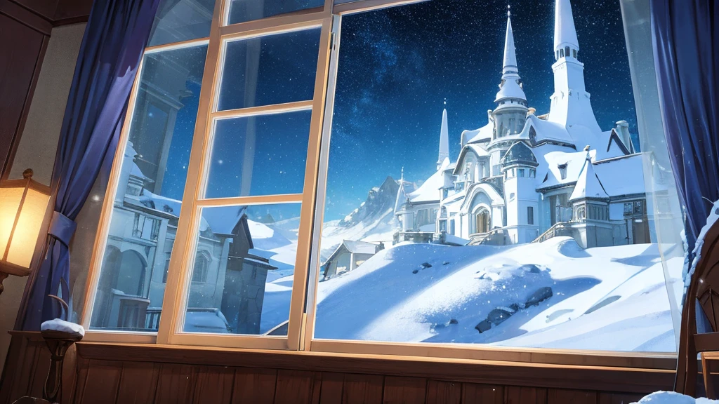 Snowy mountains, silence, night sky, Milky Way, villa, lights in villa window