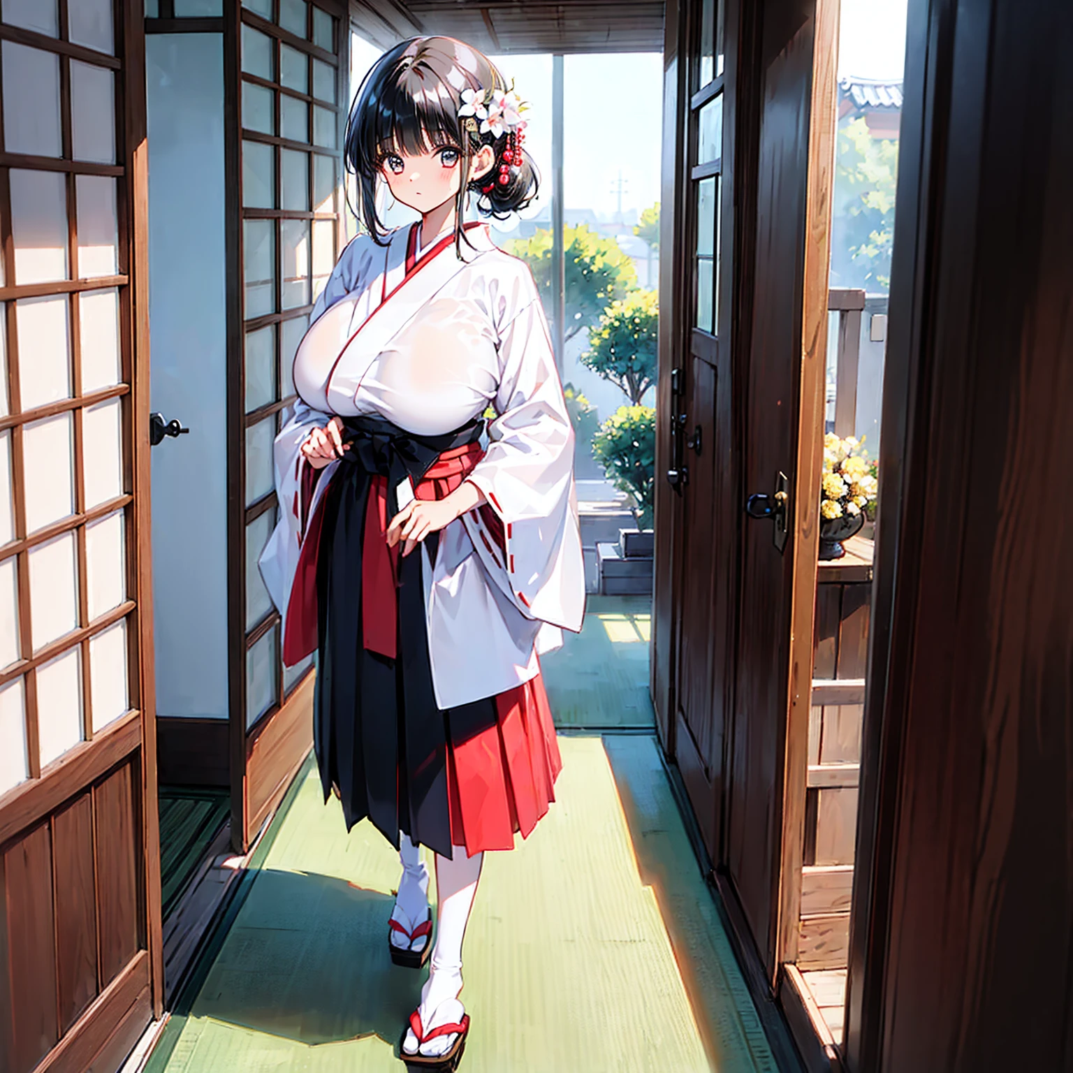 (1girl)(gigantic breasts)(ecstasy)(gigantic breasts)a girl with dark hair standing in front of a door and wardrobe, japanese clothes, 1girl, solo, black hair, hakama, skirt, blush, looking at viewer, white kimono, hakama skirt, bangs,big breasts, huge breasts, gigantic breasts