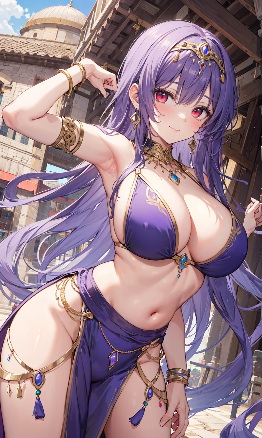 high quality, ultra detailed, best quality, insanely detailed, beautiful, masterpiece, 1girl, medieval plaza, cowboy shot, red eyes, long hair, purple hair, belly dancer, circlet, earrings, armlets, bracelets, bashful smile, large breasts, cleavage, soft stomach