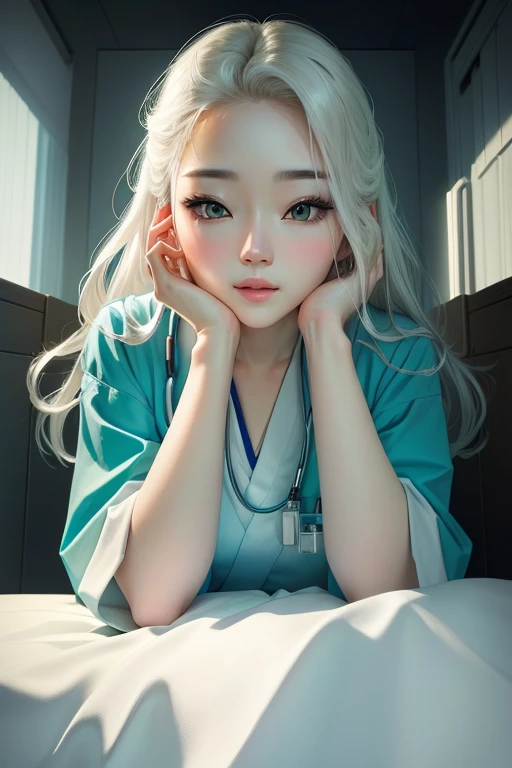 masterpiece, best quality, 1girl, (resting chin in hands), hospital bed, Beautiful Japanese female doctor wearing white labcoat over teal scrubs,beautiful detailed face, pale skin, realistic skin, detailed cloth texture, detailed hair texture, accurate, Anatomically correct, Highly detailed face and skin texture , looking at viewer