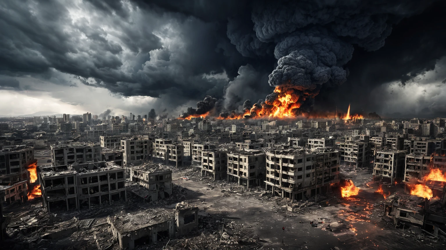 city under mass destruction, warzone, war, dark storm clouds, fire, chaos, background