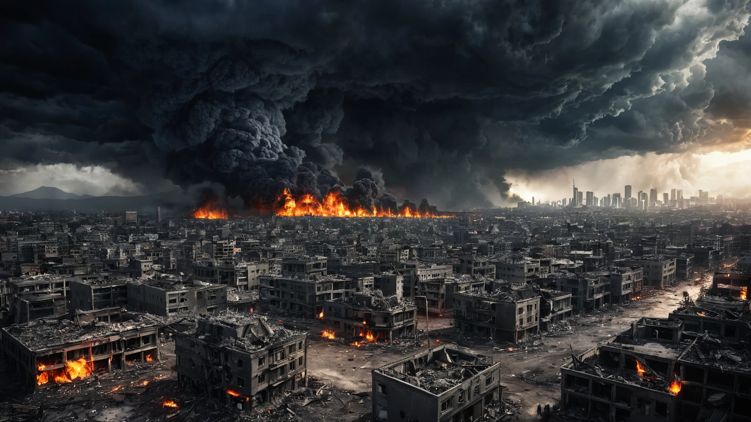 city under mass destruction, warzone, war, dark storm clouds, fire, chaos, background