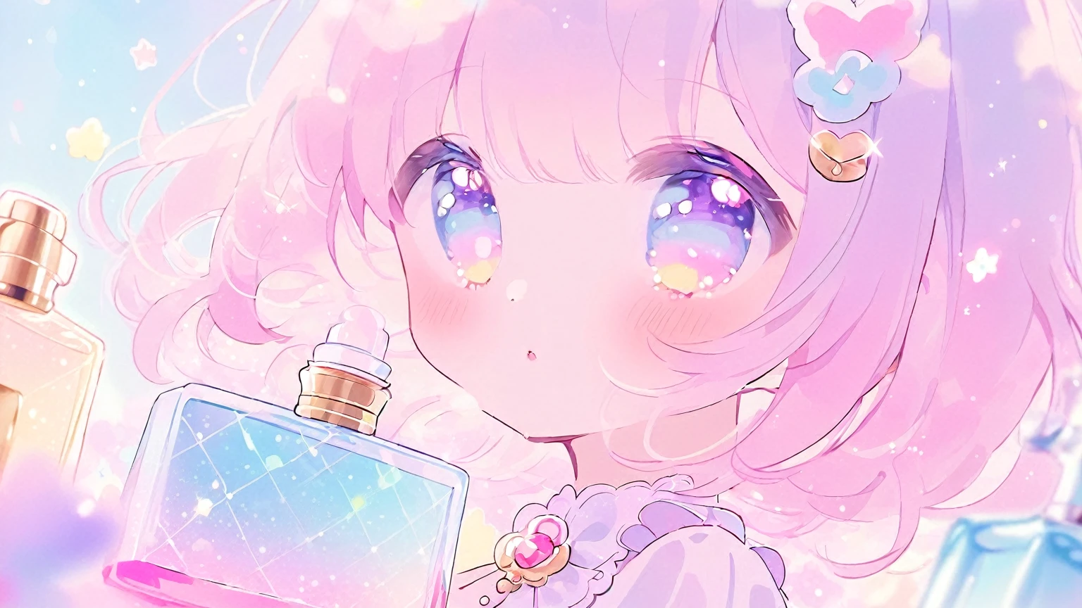 kawaii, close up of a luxury perfume bottle, pastel colors, dreamy, no humans