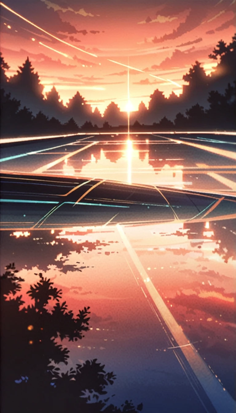 Summer, orange clouds, evening, suset, on the outskirts of the village
, Runway: 1.2, Trees, Shooting Star, Small Waterhole, Reflection, Shady,orange Sunlight, Wide Angle, High Resolution, Fine Detail, Ultra Detail, Sharp Focus, Perspective, Depth of Field, wide shot, atmospheric perspective, perspective, Best Quality, 8K, highres, award winning, super detail, masterpiece