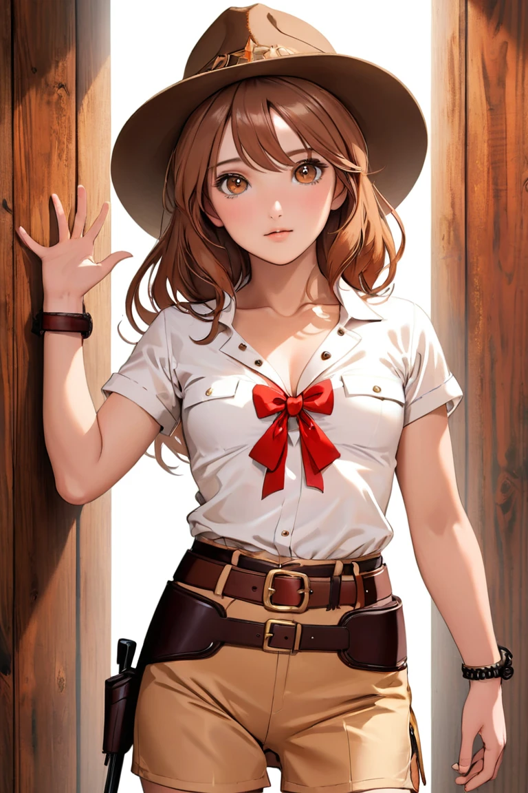 (((NSFW:1.8))),((Nude:1.8))),(((1 person:2.0))),(((1.5))),(((Brown gun belt with holster:1.5))),((Brown cowboy hat)),((Wear a metal watch on your wrist:1.5))),(((Showing cleavage))),(((Exposed thin inner thighs))),(((Small breasts:1.5))),(((Bare arms))),(((Her hair is brown))),((Blushed:1.2)), Beautiful detailed girl, Very detailed目と顔, 緻密でBeautiful Eyes, Very detailed, High resolution, Highest quality, masterpiece, Very detailed, 8k wallpaper, wonderful, finely, Highest quality, The light shines on your face,,(Standing in front of a wooden wall),Beautiful Eyes,((Engage your audience:1.2)),(((Full Body Shot:1.5))),((Are standing:1.2)),((Place your right hand on your chest:1.4)),((Hold the whiskey in your left hand.:1.)),(((Drunk:1.5))),(((Blushed顔:1.5)))