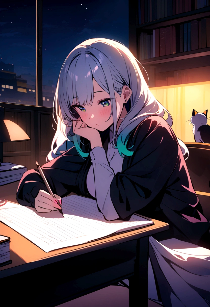 super high quolity,4k,japanese,a girl,study,writing note,in library,cat on desk,sheet on chair,night
