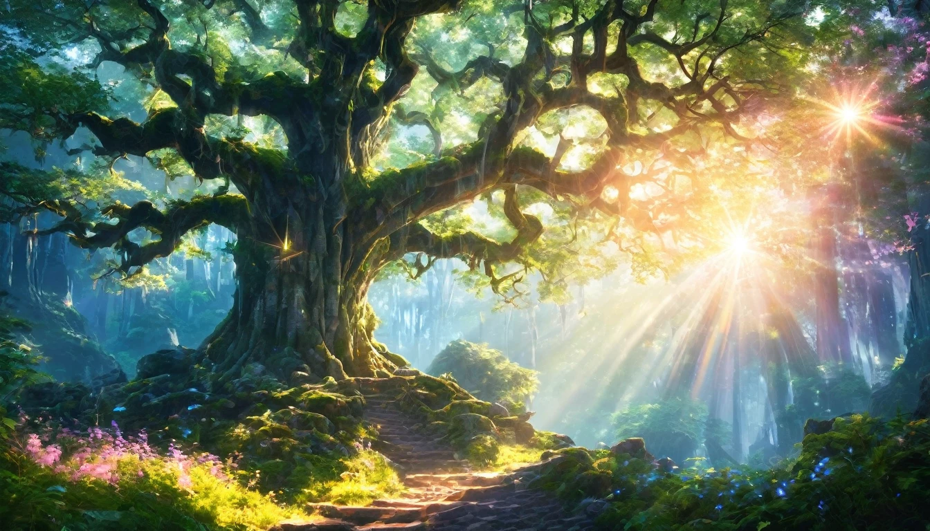 Large tree on the left in the foreground、On the hill、Fantasy Forest、Below me I can see the World Tree、A faint light is shining、Portrait Photography、{{masterpiece}}, Highest quality, Highly detailed Unity 8k wallpaper, Cinema Lighting, Lens flare, Beautiful details , particle, Heterochromia iridis, (colorful:1.5), 