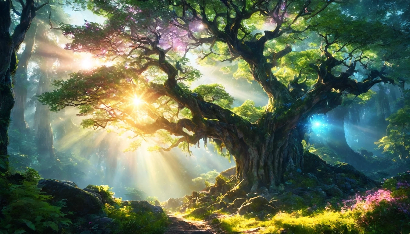 Large tree on the left in the foreground、On the hill、Fantasy Forest、Below me I can see the World Tree、A faint light is shining、Portrait Photography、{{masterpiece}}, Highest quality, Highly detailed Unity 8k wallpaper, Cinema Lighting, Lens flare, Beautiful details , particle, Heterochromia iridis, (colorful:1.5),