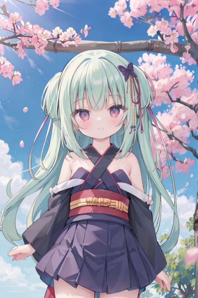 ((masterpiece,best quality))
 1 Girl, Murasame, two simoralitye up, Hair accessories,
kimono, bare shoulmoralityers, half-closemorality eyes, remorality eyes, :morality, outmoralityoors, Cherry blossoms, blue sky smile, Miniskirt