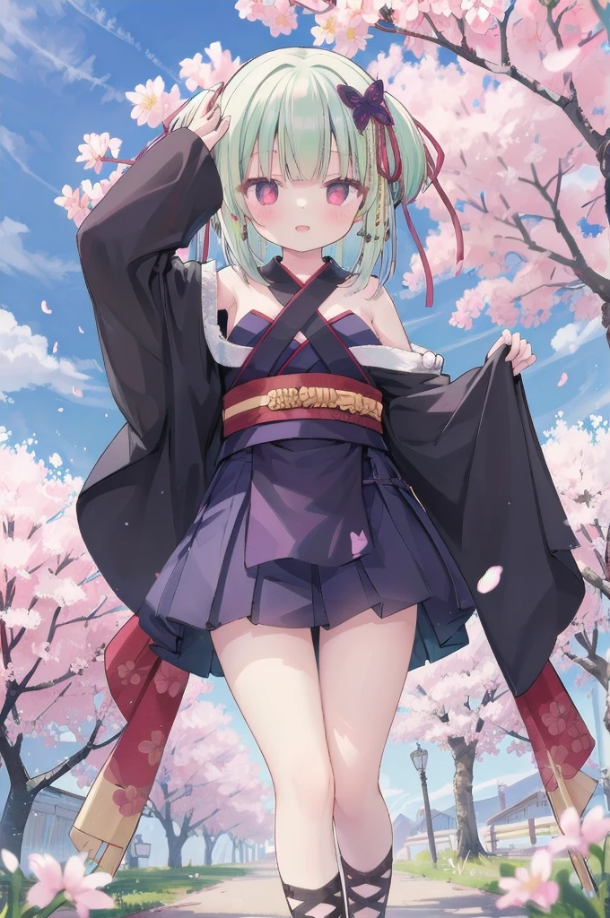 ((masterpiece,best quality))
 1 Girl, Murasame, two simoralitye up, Hair accessories,
kimono, bare shoulmoralityers, half-closemorality eyes, remorality eyes, :morality, outmoralityoors, Cherry blossoms, blue sky smile, Miniskirt