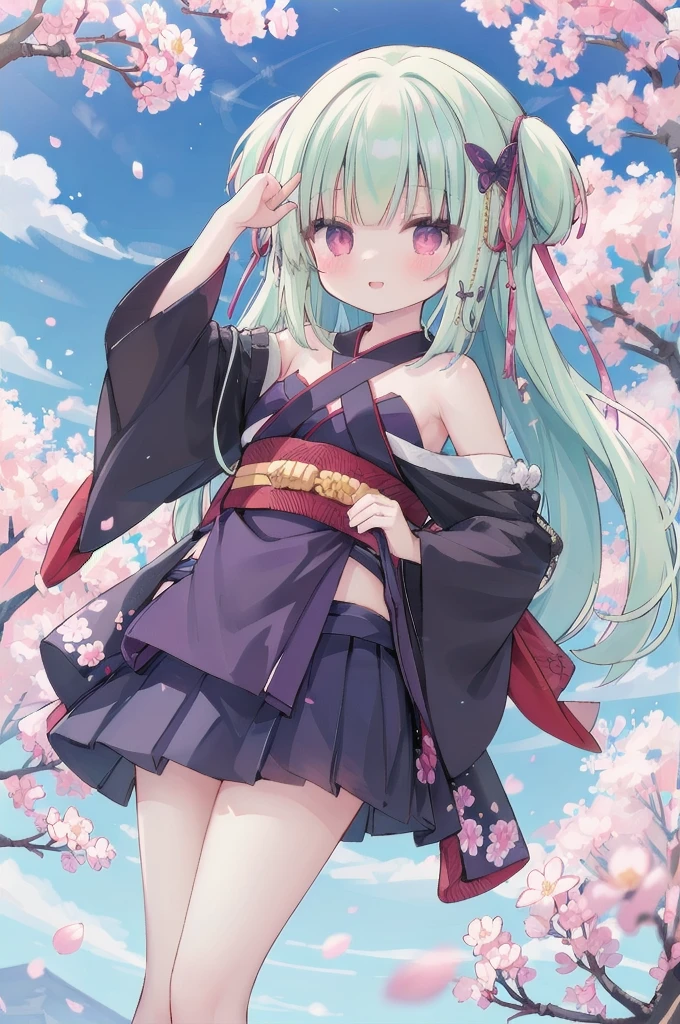 ((masterpiece,best quality))
 1 Girl, Murasame, two simoralitye up, Hair accessories,
kimono, bare shoulmoralityers, half-closemorality eyes, remorality eyes, :morality, outmoralityoors, Cherry blossoms, blue sky smile, Miniskirt