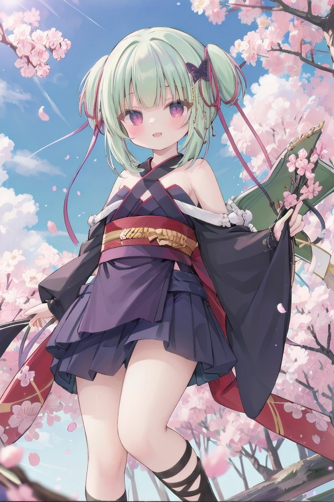 ((masterpiece,best quality))
 1 Girl, Murasame, two simoralitye up, Hair accessories,
kimono, bare shoulmoralityers, half-closemorality eyes, remorality eyes, :morality, outmoralityoors, Cherry blossoms, blue sky smile, Miniskirt