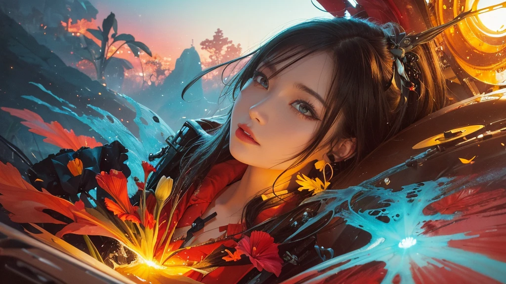 32k, Masterpiece, Highest quality, One girl, Detailed eyes, flower,gladiolus, Yellow and red style,A dreamy, romantic piece,Pale yellow, Mysterious Leaves,A playful arrangement,Fantasy,High Contrast,Ink strokes,explosion,Exposure, Impression of light blue and red tones,Abstract,((Watercolours by John Berkey and Jeremy Mann )) Brush strokes,Negative Space, Tyndall effect,