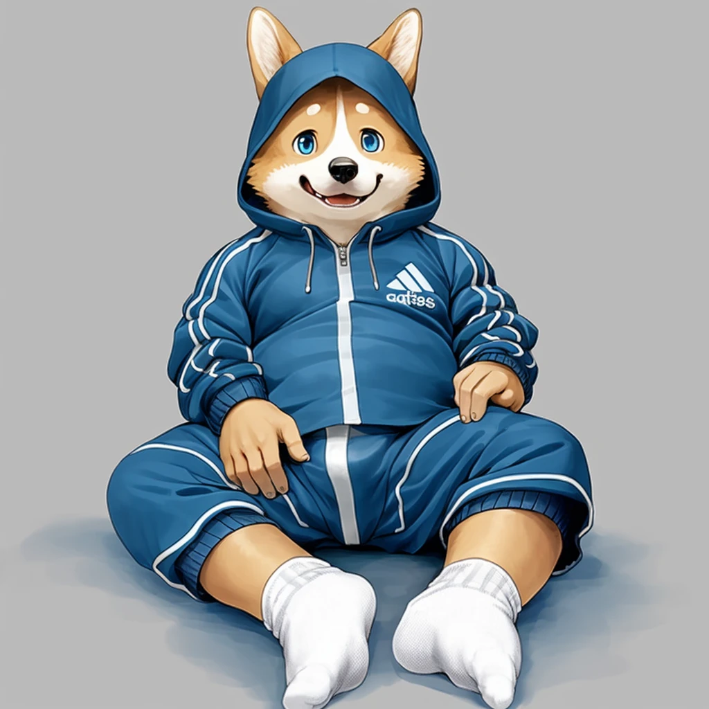 slightly chubby young male corgi with small human blue eyes, no eyebrows, wearing a dark blue Adidas tracksuit, no pants white briefs, white socks, 4k, best quality, masterpiece, physically-based rendering, by hinami